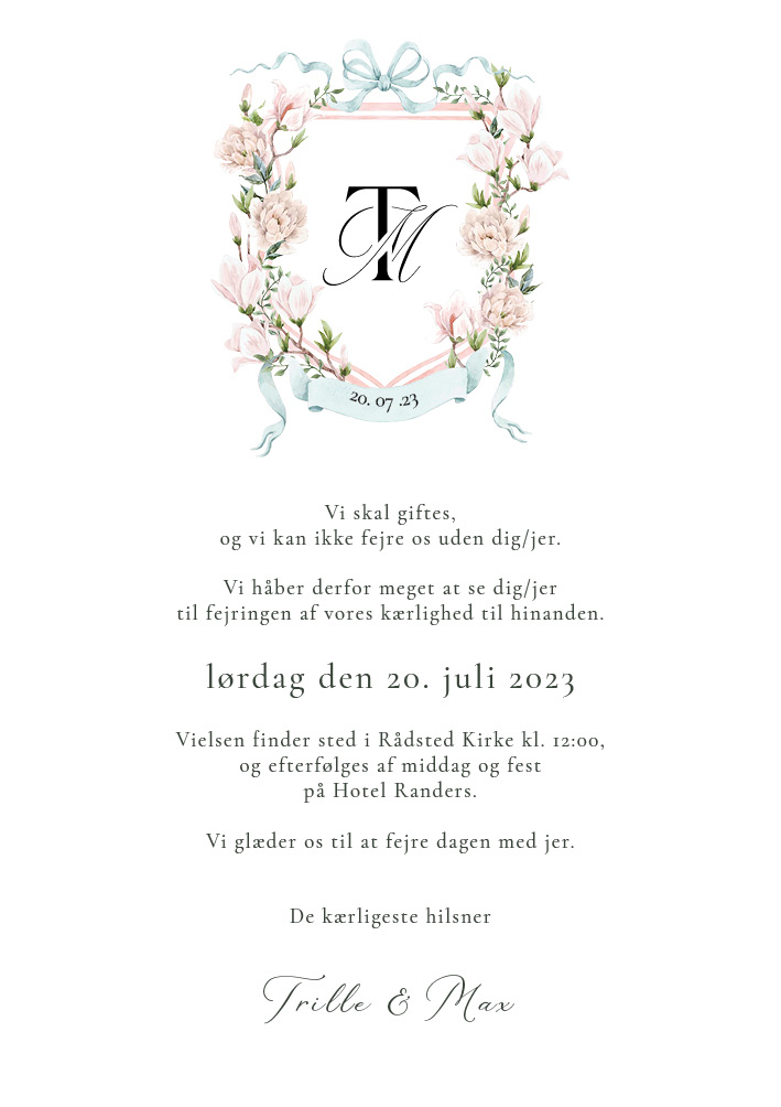 
                Romantisk bryllupsinvitation med blomster og monogram. 
Dette kort skal du bruge en grafiker for at færdiggøre - kontakt os via mail info@inksaloon.com for muligheden for at få designet jeres eget personlige monogram. 
Til designet kommer også matchende elementer i form af velkomstskilt, salmehæfte, bordoversigt, menukort, bordkort, drinkskort, takkekort mm. således I kan skabe en rød tråd for dagen.                